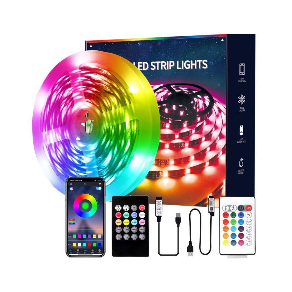 (Not waterproof 5m, 24-key bluetooth music controller) 5V RGB LED Strip Lights 5050 SMD Chip IR Remote Control USB Powered TV Background Decor Kit