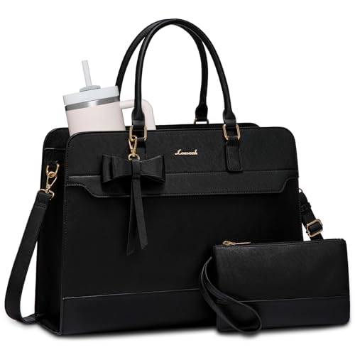 LOVEVOOK Laptop handväska dam stor business shopper väska PU-läder 2 i 1 crossbody tote bag handväska elegant arbetsväska portfölj lärarväska för kontor arbete, A-svart, Utility