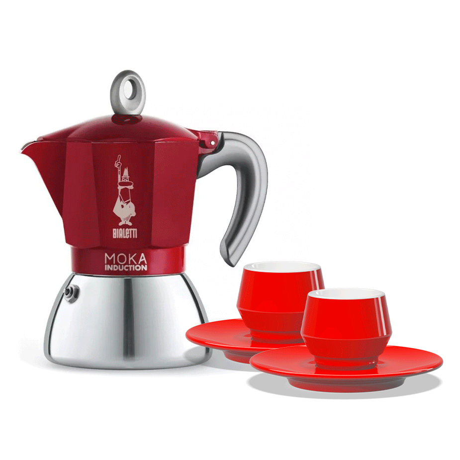 Bialetti Moka Induktion 4-kopps espressokanna röd inkl. Club House Maniko espresso med fat röd 7 cl 2 st