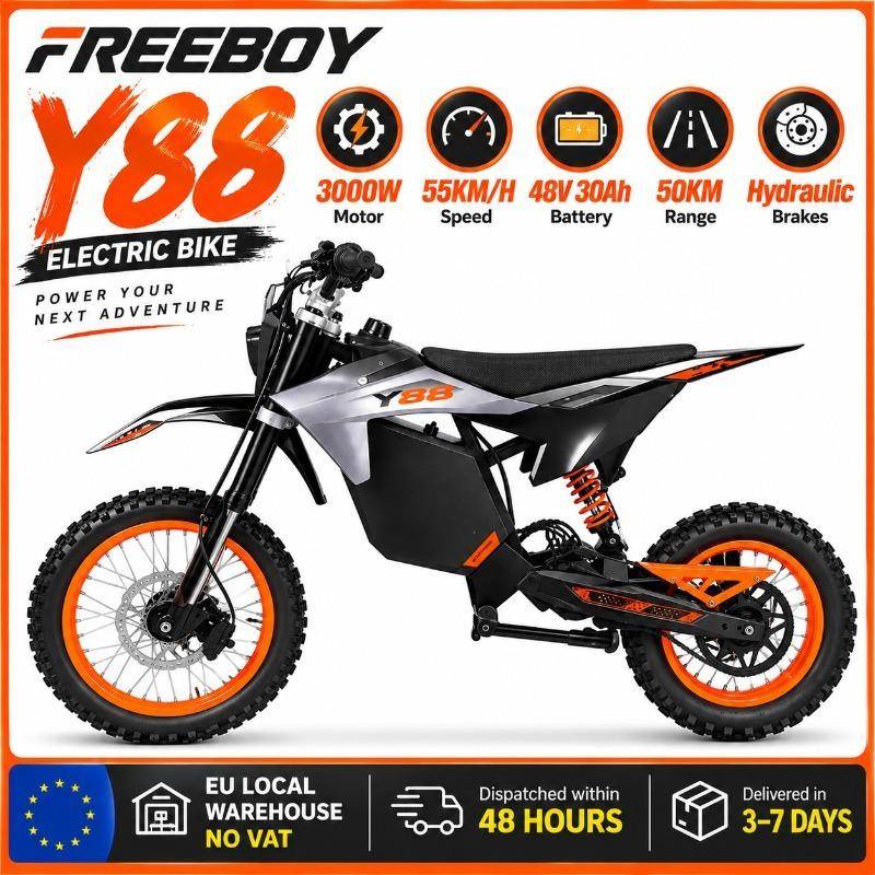 FREEBOY Y88 Electric Bike, 3000W Motor, 48V 30Ah Battery, 55KM/H, 14 /12  Fat Tires, Hydraulic Brakes