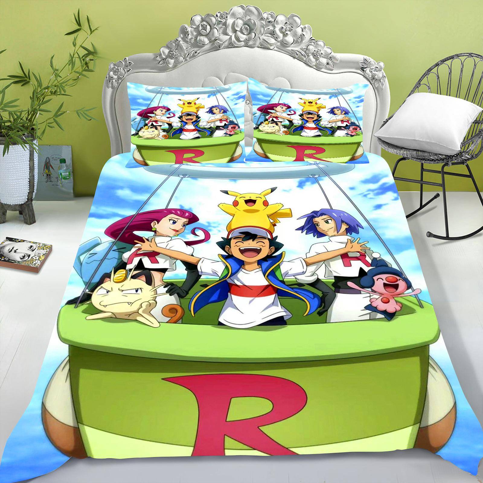 Tecknad påslakan set för barn, Pikachu Anime täcke, King Size täcke, Queen, Grad A, 3D sovrumslakan 220x240cm