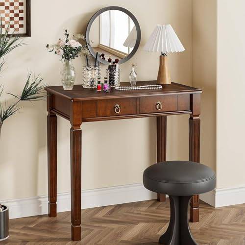 PADMA HOUSE Sminkbord i Massivt Trä med Spegel & Förvaring, Vintage Vanity Table 80cm med 2 Lådor, Retro Makeup Desk för Sovrum