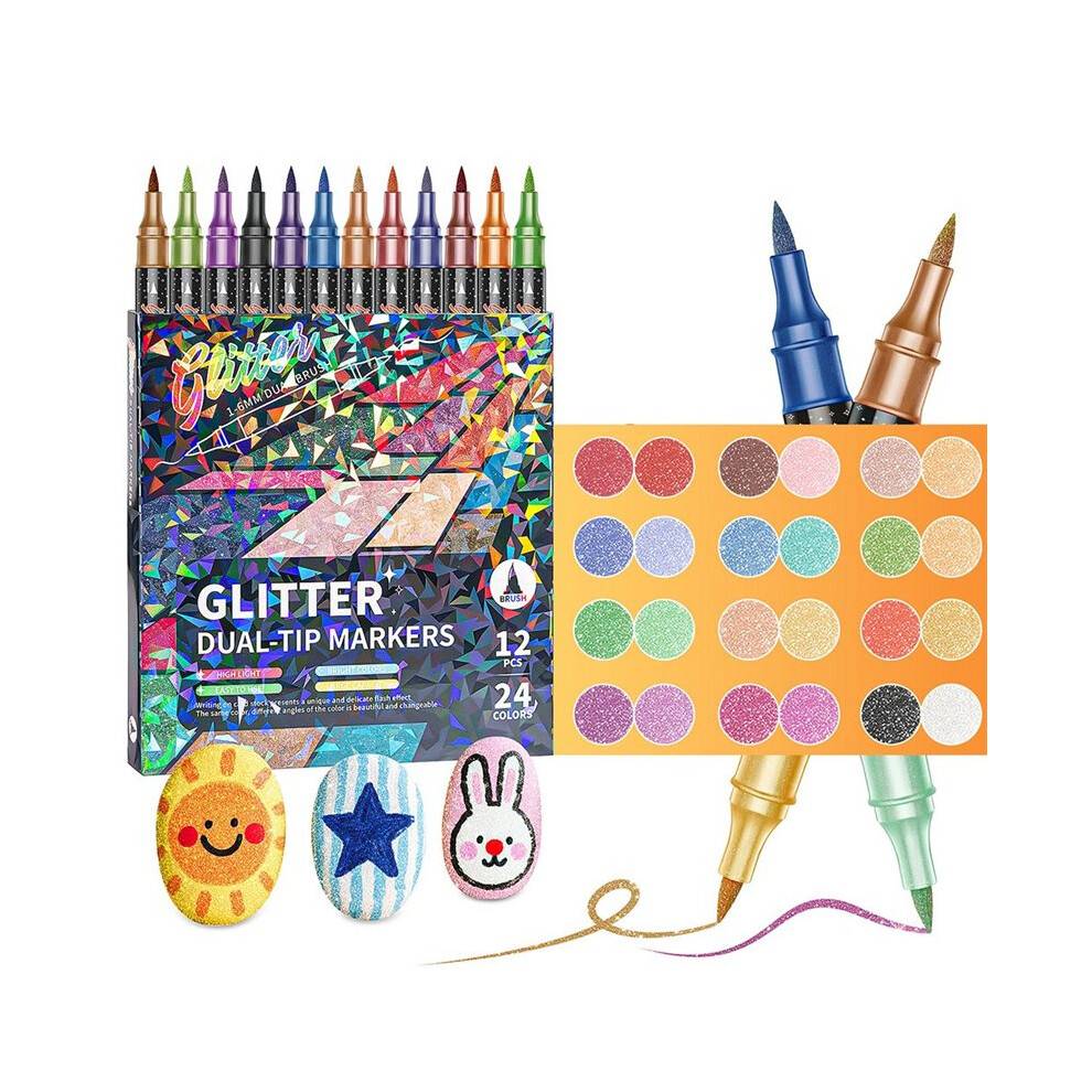 Glitter Effect Brush Markers for Doodle Writing, Dual Tip Dual Color Shimmer 24 Colors