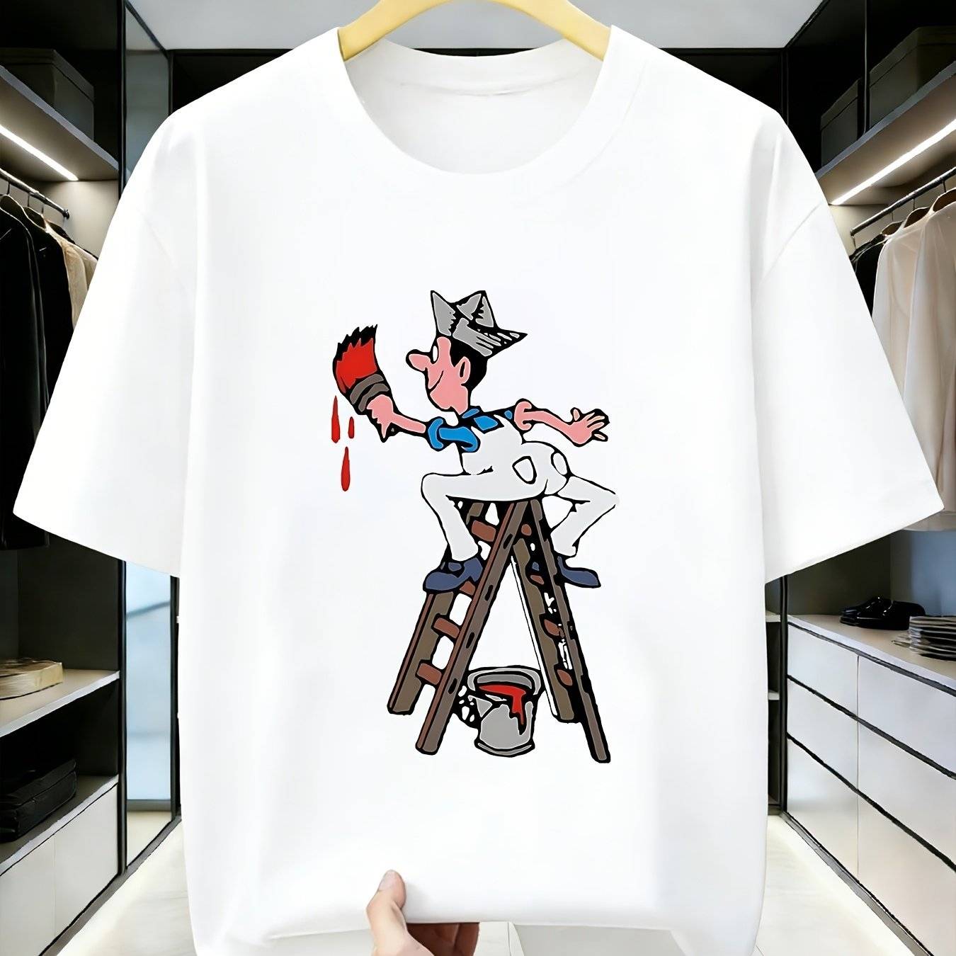 1pc Men's Soft Breathable T-shirt - Funny Painter On Ladder Print, Round Neck Short Sleeve Tee, Suitable For Casual Wear, Halloween Costume, And Christmas Party (machine Washable)