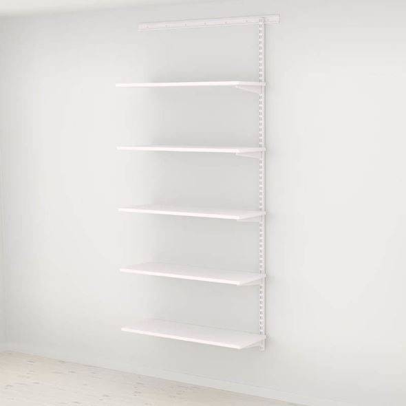 Hyllsystem ELFA vägghylla, hög utbyggnad, vit laminat, BxHxD 940x2140x