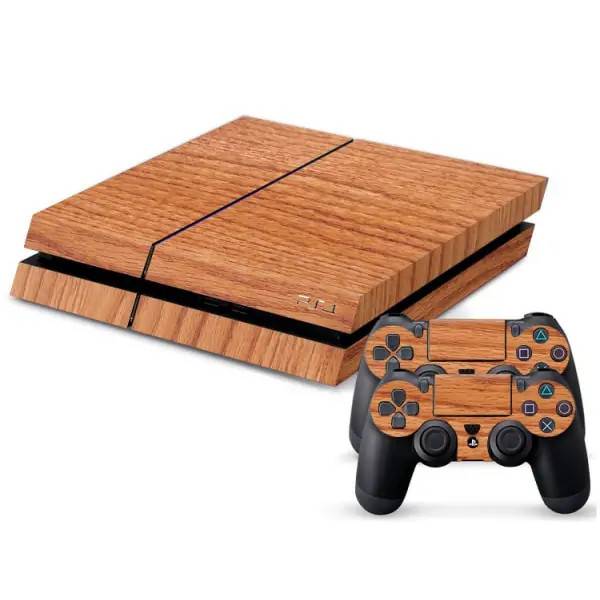 PS4 skin til konsol og to controllere. Træ-look.