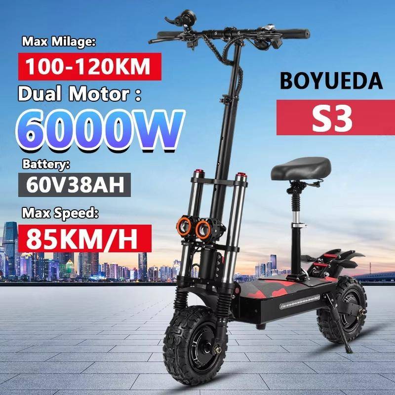 BOYUEDA S3 E-Scooter 6000W Dubbelmotor 60V 38AH Litiumbatteri Offroad-skotrar Elektrisk 11-tums City Hopfällbar Elektrisk Skoter