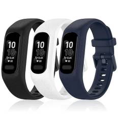 3 stk. bløde silikonebånd til Garmin Vivosmart 5 remme, udskiftning af sportsfarvet rem til Vivosmart 5 armbånd, sort-hvid-blå