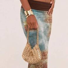Retro Fashionable Metal Sequin Bag, Handmade Woven Silver Color Clutch Bag For Women, Versatile Party/Event Crescent Moon Shaped Purse - Gold