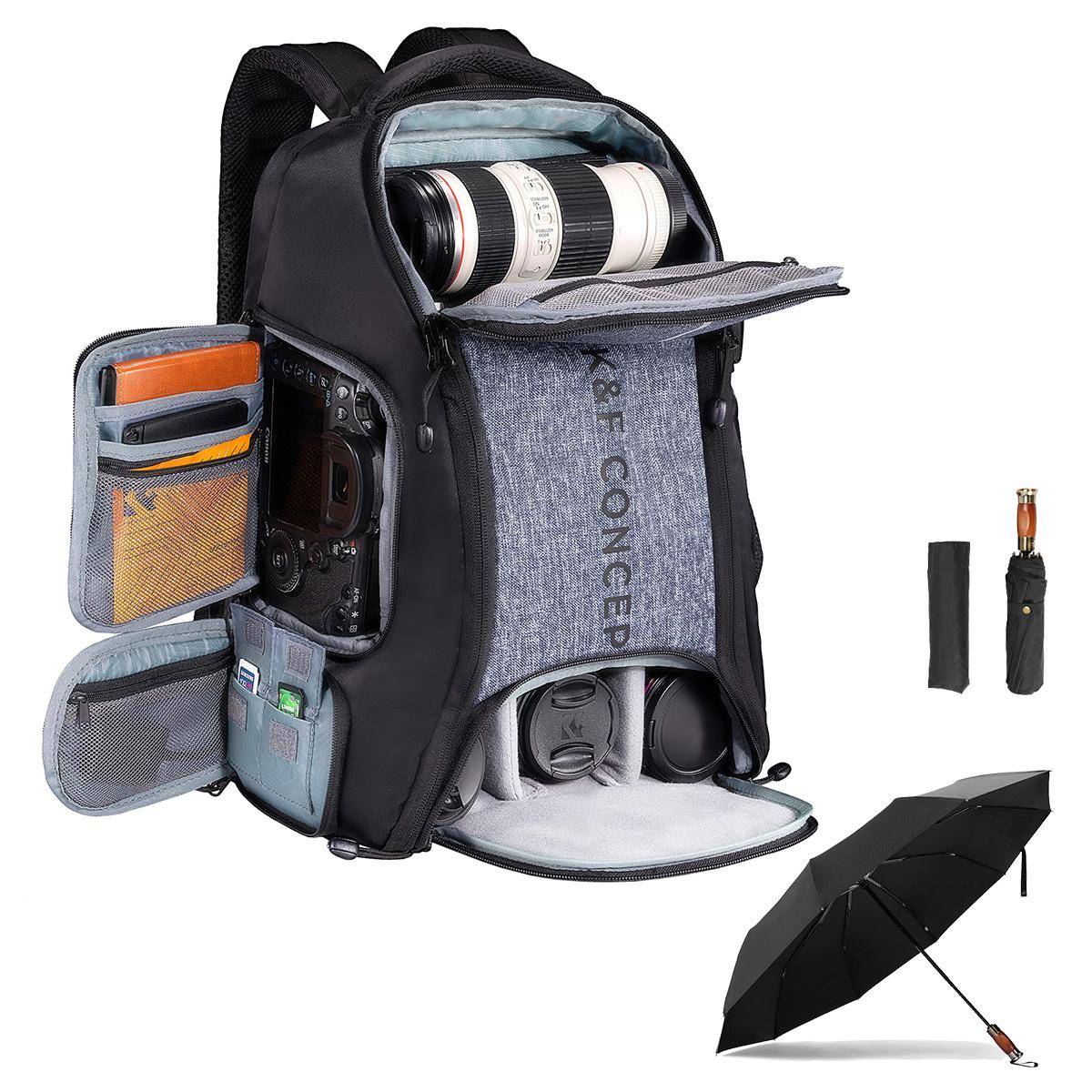 KENTFAITH Camera Backpack 25L Large Capacity Camera Bag with Windproof Umbrella, Camera Case with Raincover and 15.6 Inch Laptop Compartment Compatible for Canon/Nikon/Sony/DJI Mavic Drone - Backpack 25L Nature Wander 08 (Grey）