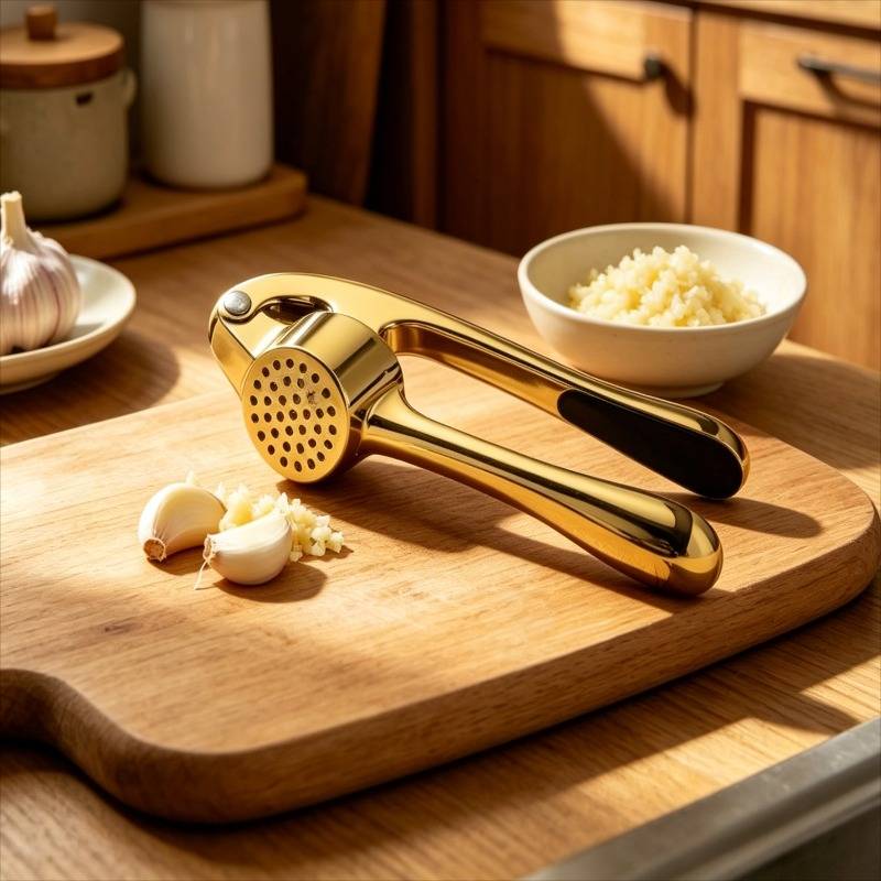 1pc High Quality Golden-plated Garlic Press, Anti Slip Ergonomic Handle, Easy To Clean Multifunctional Kitchen Tool For Garlic And Ginger