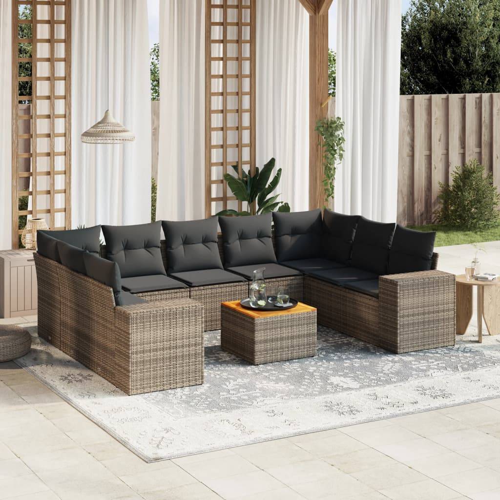 Sofasæt Til Haven 10 Dele Med Hynder Polyrattan - Grå og mørkegrå / 2X hjørnedel + 5x midterdel + bord