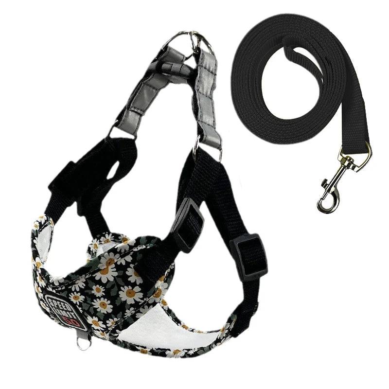 Flower Print X-Shape Harness & Leash Set for Cats & Small Dogs - Black / XL-suit 10-14kg / SPC (XL-suit 10-14kg)