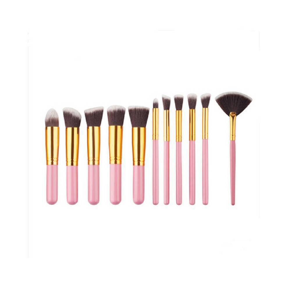 (11Pcs Pink Gold Fan)Makeup Brush Collection Foundation Eye Contouring Supplies Beauty Use Daily