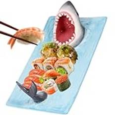 Sushi serveringstallrik keramisk sushitallrik, hajform, rektangel, ostbräda, sushimatta, porslin, sushitallrik, konstnärliga matserveringsbrickor med sojasåshållare, middagstallrikar för