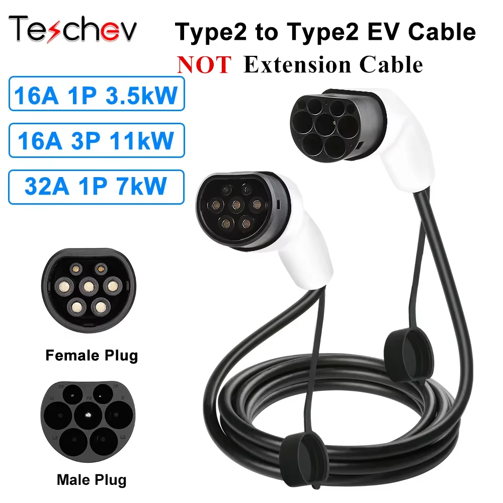 Teschev 16A/32A 11kW Type to Type2 EV Charging Cable IEC 62196-2 Charger For PHEV Electric Vehicles In Public Station