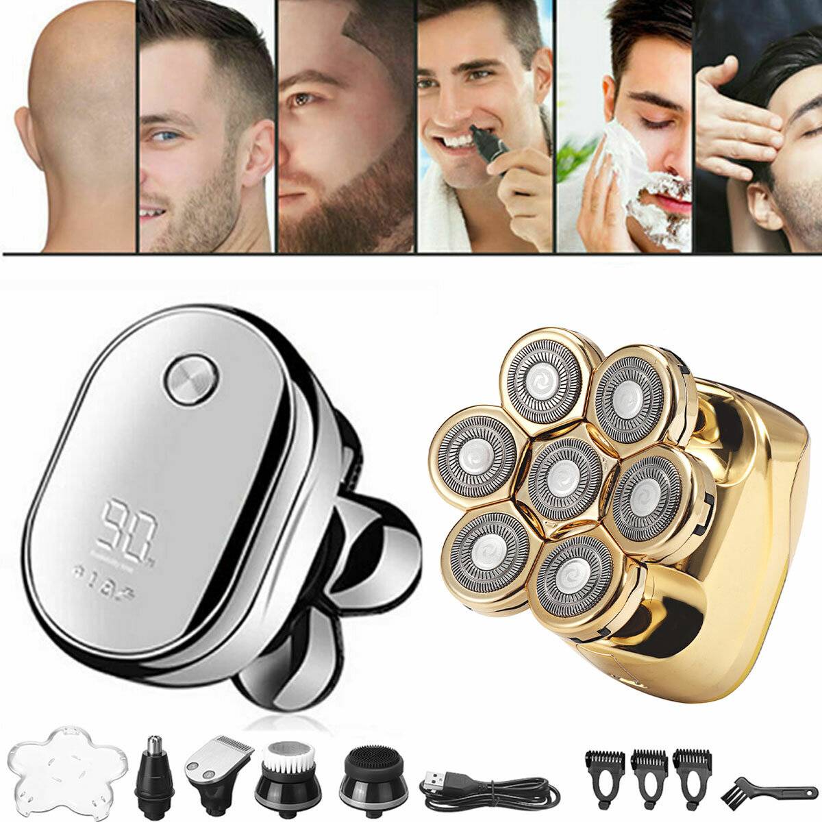 6-i-1 Multifunktionell Rakapparat Grooming Kit 8D Flytande Huvuden Elektrisk Rakapparat LED LCD Intelligent Display Vatt
