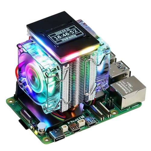 Freenove Active Cooler for Raspberry Pi 5 with 2 Fans and OLED Screen, Aluminum Heatsink with Heat Pipe, Dual PWM Fans with ARGB Light Sync, Multiple Cooling and Lighting Modes