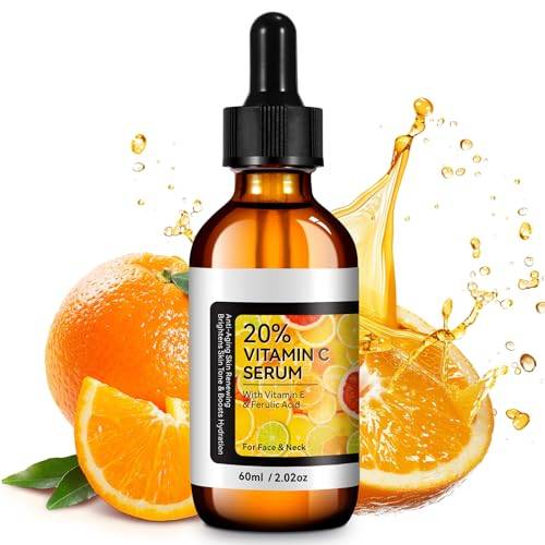 Vitamin C-serum ansikte 60 ml – 20 % vitamin C-serum högt doserat med vitamin E & hyaluronsyra | Anti-aging & hudförnyelse | Hudupplysning & fuktserum vitamin C för ansikte | Parfymfri