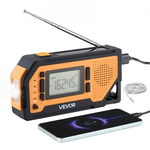 VEVOR Nödradio med väderbeständighet, 2000 mAh batteri, FM/AM/WB/NOAA-varning, solcellsdriven handvev, med USB-laddningskabel, SOS-larm och ficklampa, bärbar för utomhusnödsituationer, camping