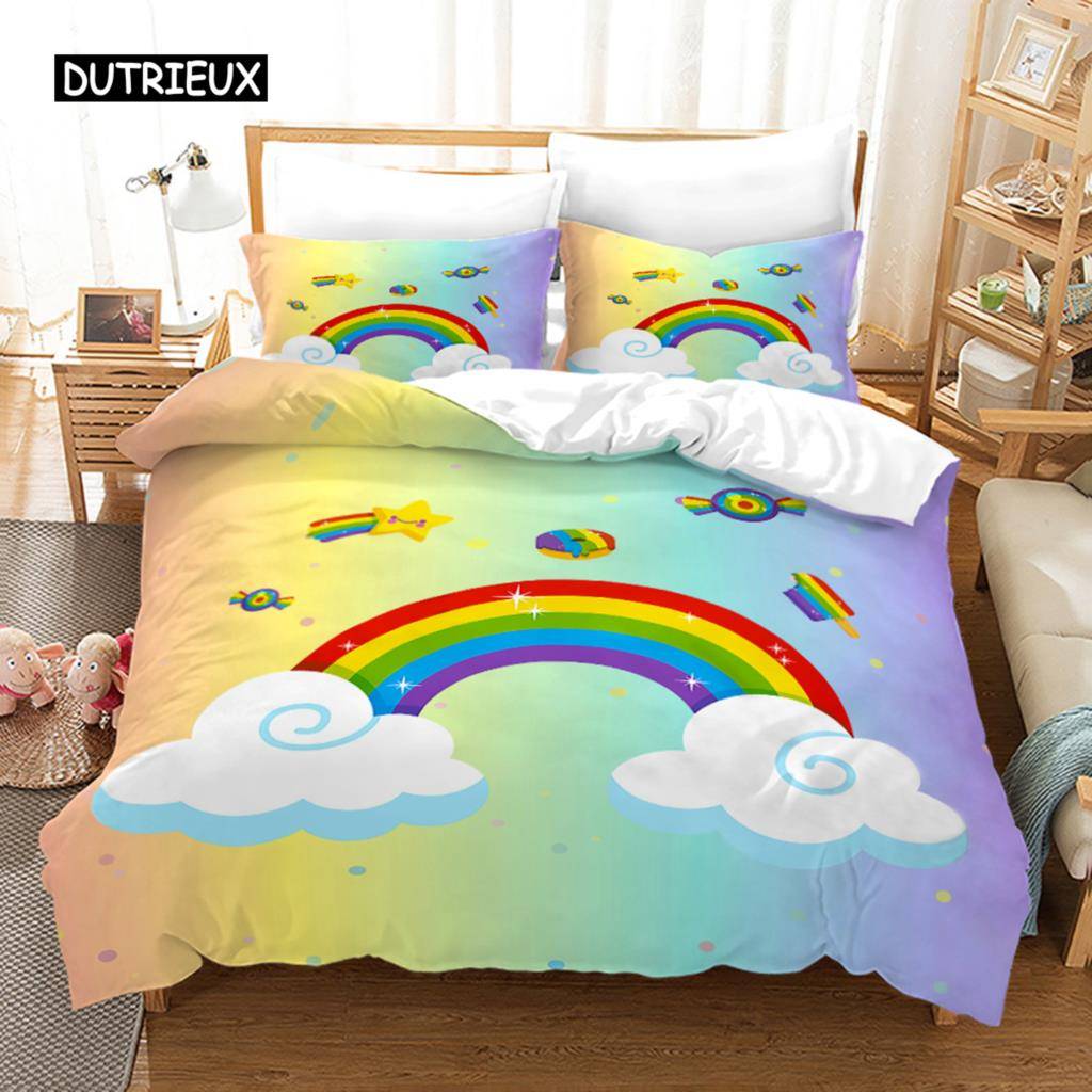 Trendiga pastellfärger regnbåge Sängkläder Set Baby Barn Påslakan 150x210 135x200 Med Örngott Och Dragkedja 155x215cm 3pcs