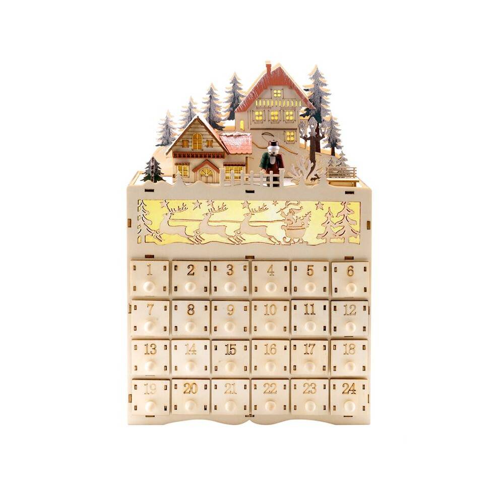 Wooden Christmas Advent Calendar Countdown to Christmas LED Holiday Decoration 24 Drawers with LED Light