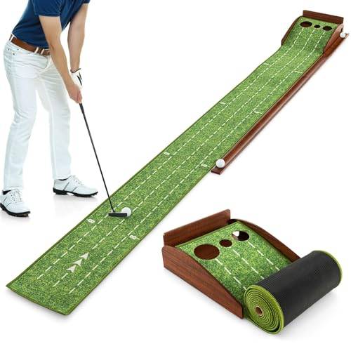 GOPLUS Golf puttingmatta, golftränarmatta med 3 golfbollar och bilåterkomst, golfmatta, träningsmatta för inomhus- och utomhusbruk, för nybörjare och proffs (3 hål)