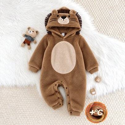 Baby pojke höst/vinter termofodrad tjock jumpsuit med huva, lång ärm och tecknat djurmönster, bekväm och mångsidig julklapp för utflykter och helger - Kaki (6-9M,9-12M,12-18M,18-24M,2-3Y,0-1M,1-3M,3-6M)