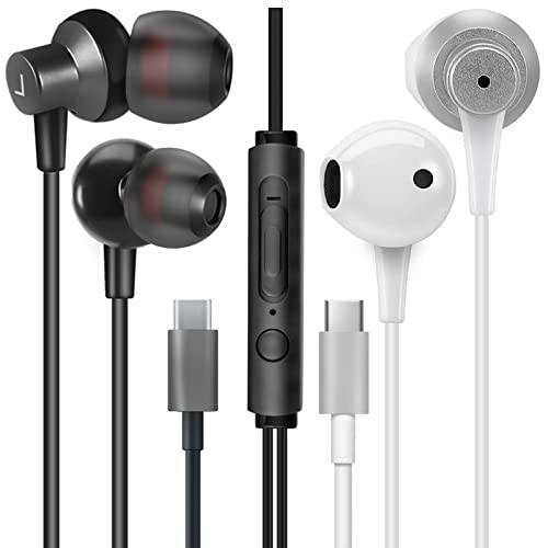 【2 Pack】 MAS CARNEY TI3+TH4 Wired USB Type C Headphones, In Ear USB C Headphones with Mic for Samsung S20, Huawei P30 P40, OPPO, Honor, Google Pixel and other smartphones with Type-C interface