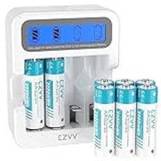 czvv Uppladdningsbara AAA litiumbatterier 1,5 V – hög kapacitet 1 100 mWh 8-pack litiumbatterier med LCD ultra snabbladdare 2H – lång livslängd 10 år, 1 300 cykler för leksaker, rakapparat