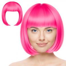 Aomig Rosa röd peruk, 3 st rak kort anime cosplay peruk med hårflätor, korta Bob-peruker med syntetiska lugg, neonfärgade peruker för halloween, karneval för kvinnor och flickor