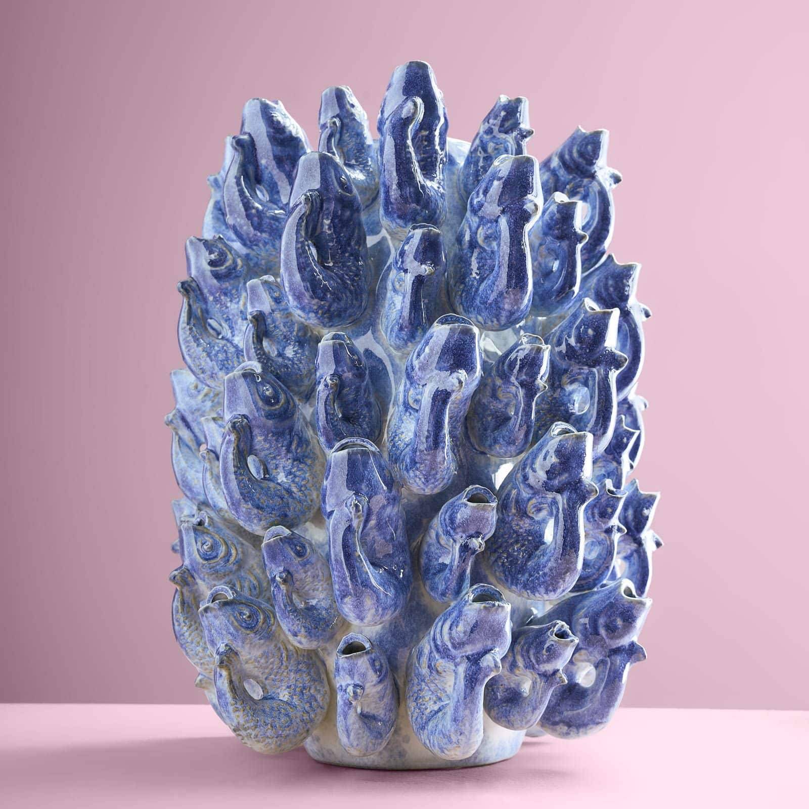 School of Fish Vase with fish motif, blue, handcrafted