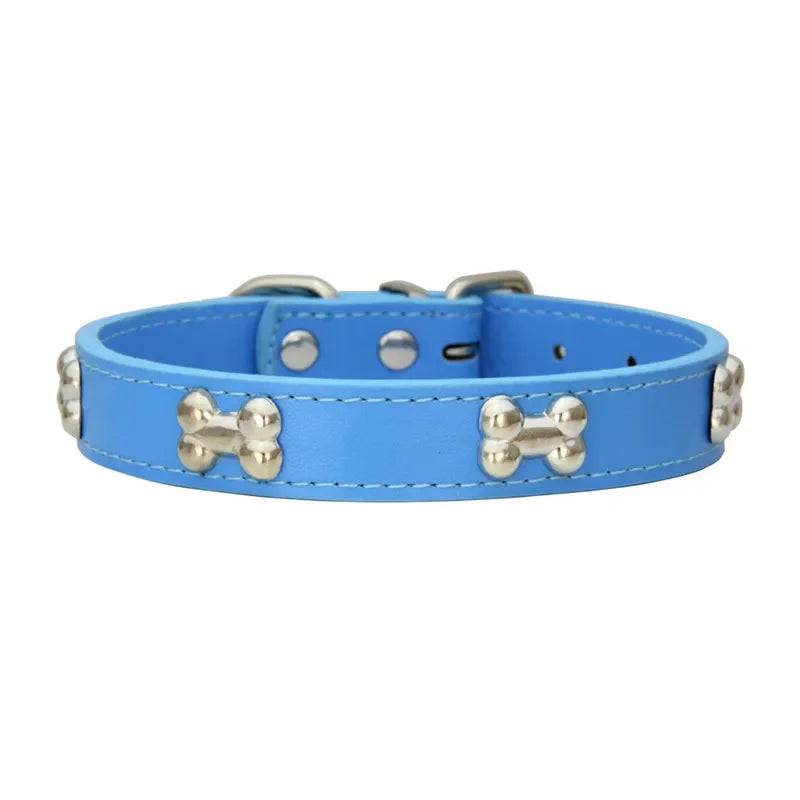 Durable Leather Dog Collar with Bone Design for Small to Large Dogs - Navy Blue / XS（old） (XS（old）)