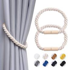 Pretty Jolly 2-pack magnetiska gardinbindningar i trä boho heminredning draperi bakstycken naturlig bomull handgjorda rep gardinhållare för tunt eller tjockt hem och kontor fönsterdraperi (beige)