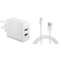 iPhone Oplader til 5 / 5S / 5C / 6 / 6 Plus / SE / 7 / 7 Plus med Dobbelt USB Hurtig Opladning & Kabel - Hvid, 1 meter