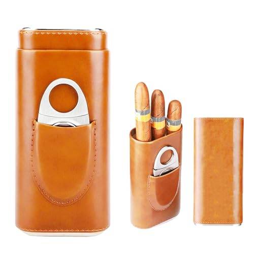 Fodral för 3 cigarrer: cigarr humidor läder cigarrväska rostfritt stål skärare bärbar cigarr humidor för resor korta resor gåvor för män