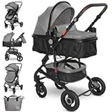 Lorelli Barnvagn Alba 2 i 1 med liggande position, babybuggy liten hopfällbar, vikbar liggvagn, kan omvandlas till sportstol upp till 15 kg, resevagn, stora gummidäck, fjädringning, grå/svart