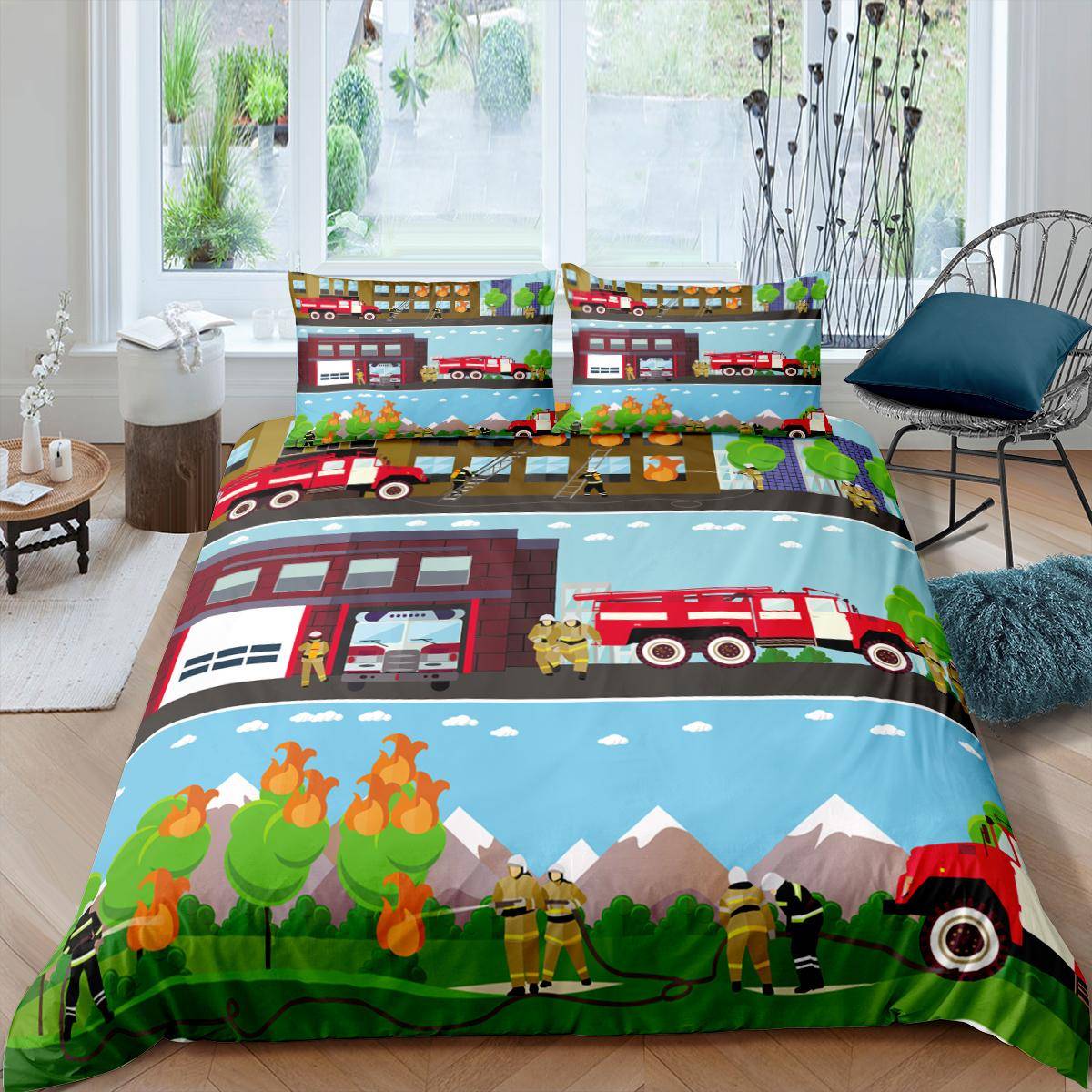 Brandbil Kung Drottning Påslakan Tecknad Polisbil Sängkläder Set för Barn Pojkar Brandman Täcke Överdrag Polyester Täcköverdrag 70x133cm 2pcs