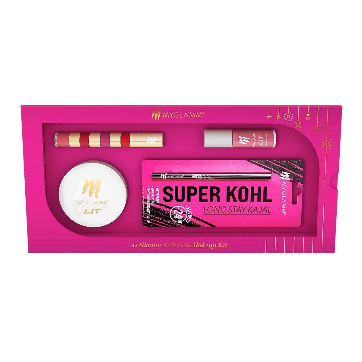 MyGlamm As Glamm As It Gets Makeup Kit (Pack of 4) | Full Makeup Set with Black Kohl Kajal, Compact Powder, 4 in 1 Liquid Lipstick Stack & Nail Pol