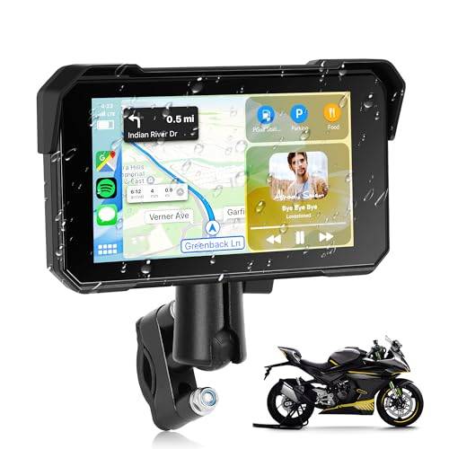 Rimoody Trådlös Carplay bärbar bilradio för Moto, med 5 tums pekskärm, IP68 vattentät med Android Car, Bluetooth, däcktrycksdetektering, minneskort, 12 V