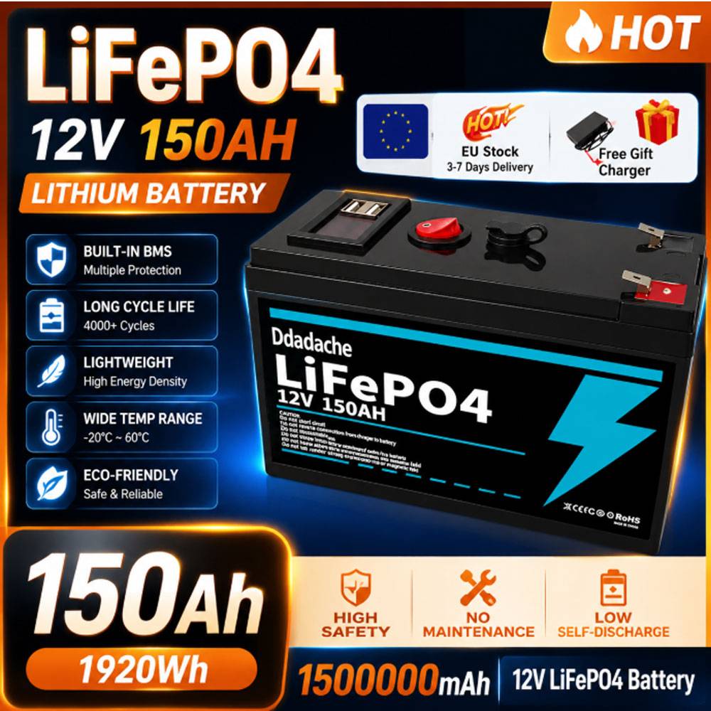 12V Lithium Battery 150Ah LiFePO4 4000+ Deep Cycles Built-in BMS,10-Year Lifetime,for UPS, Kayak Fish Finder, Solar Panel,Radio