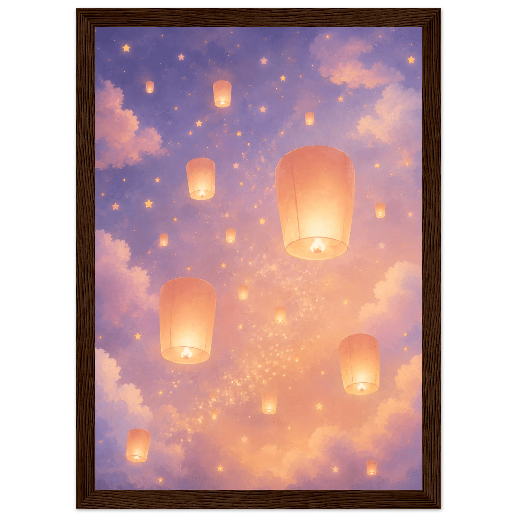 Flygande lyktor poster-21x29.7 cm / 8x12" / Med ram / Mörkt trä