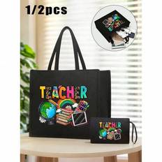 Handbag Set With Cartoon Letters&#34;TEACHER&#34; Featuring Globe, Rainbow, Book, Pencil Pattern Elements, Handbag And Makeup Bag, Lightweight Large Capacity - Black - Multi-size