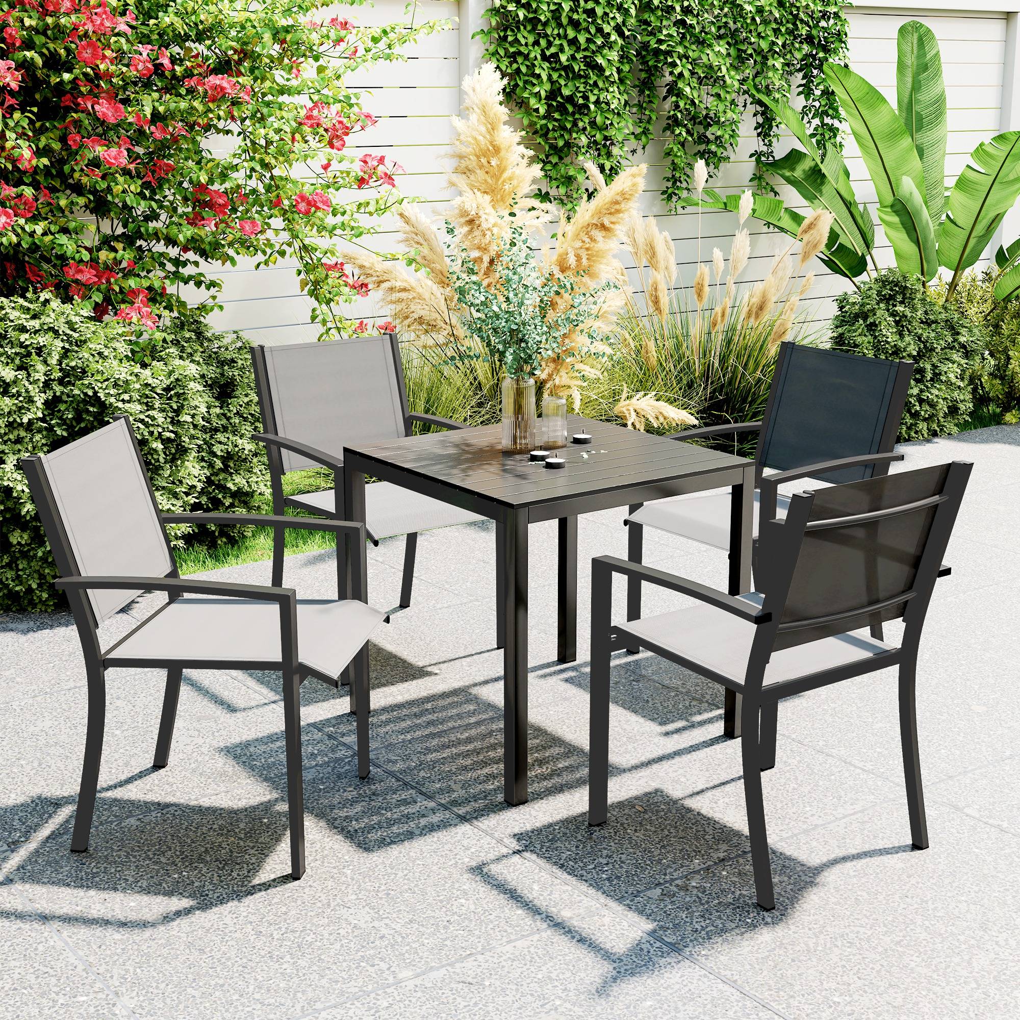 Havebord aluminium 73x73 cm vejrbestandigt buffetbord med trælook, campingbord til 4 personer skridsikkert balkonbord udendørs spisebord til have, terrasse, balkon, sort