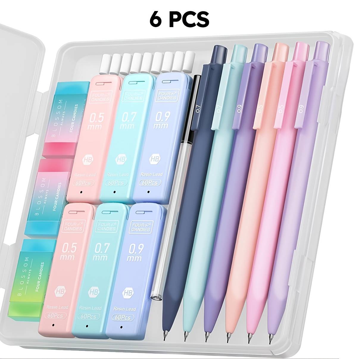 TEMU 4 Candies Cute Mechanical Pencil Set, 6pcs Pastel Mechanical Pencils 0.5 Mm & 0.7mm & 0.9mm With 360pcs Leads, 3pcs Erasers And 9pcs Eraser Refills, Aesthetic Pencils For Writing, Art Drawing