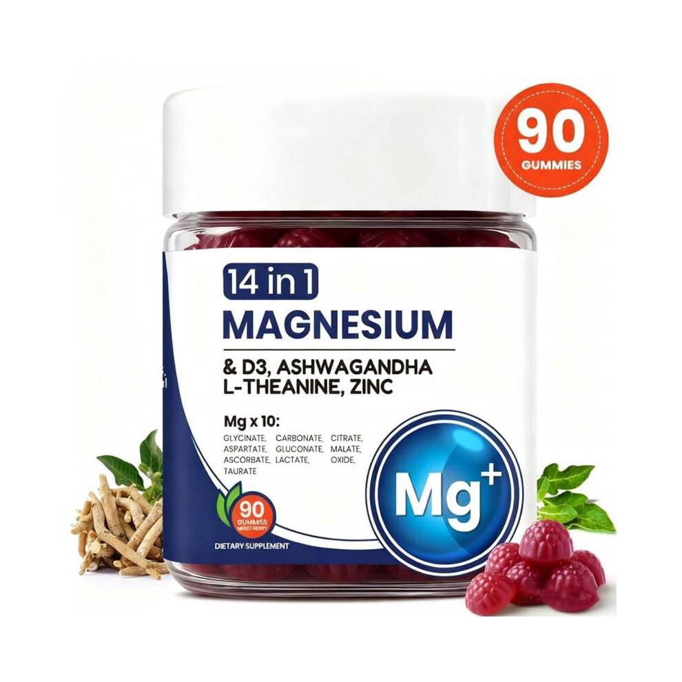 (90 capsules) Magnesium Gummies with Ashwagandha Vitamin D3 Zinc L-Theanine Cortisol Support 90 Count