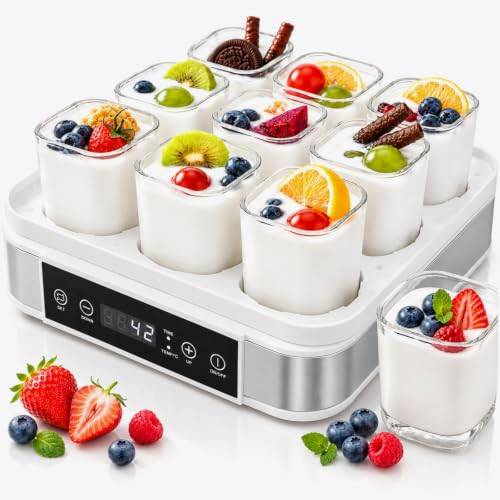 Yoghurtmaskin, Grekisk Yoghurtmaskin med Temperatur och Timer, Automatisk Digital Yoghurtmaskin med 9 Burkar, Perfekt för Ekologisk Hemmayoghurt, Ost/Natto, BPA-Fri, 40 W