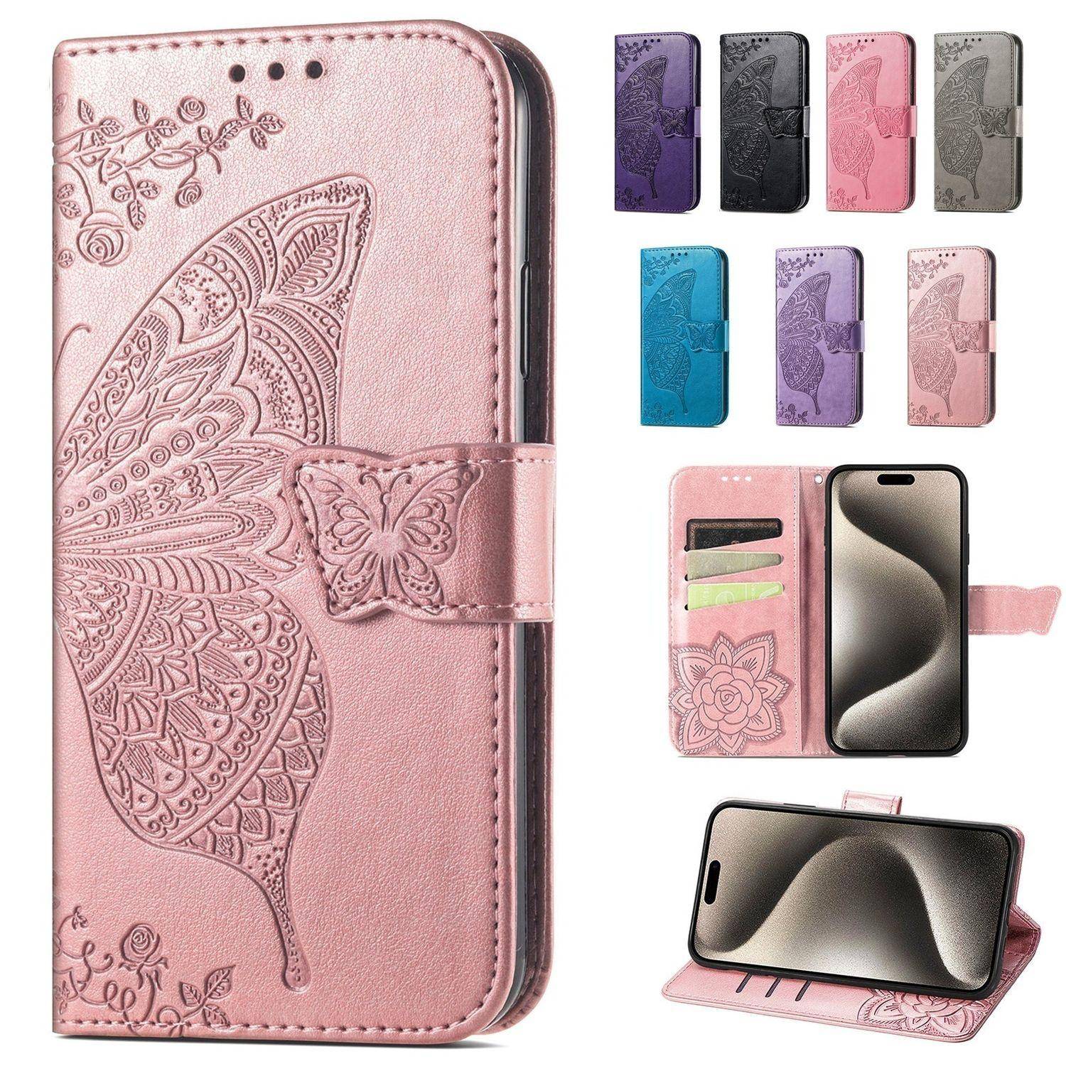 Fjärilsprägt Läderplånbok Fodral med Lock för OPPO A6 A6X A6T A6S A6C A5 A5X A3 A3X A1 Pro 4G 5G Kortinnehavare Foliofodral rosa guld färg