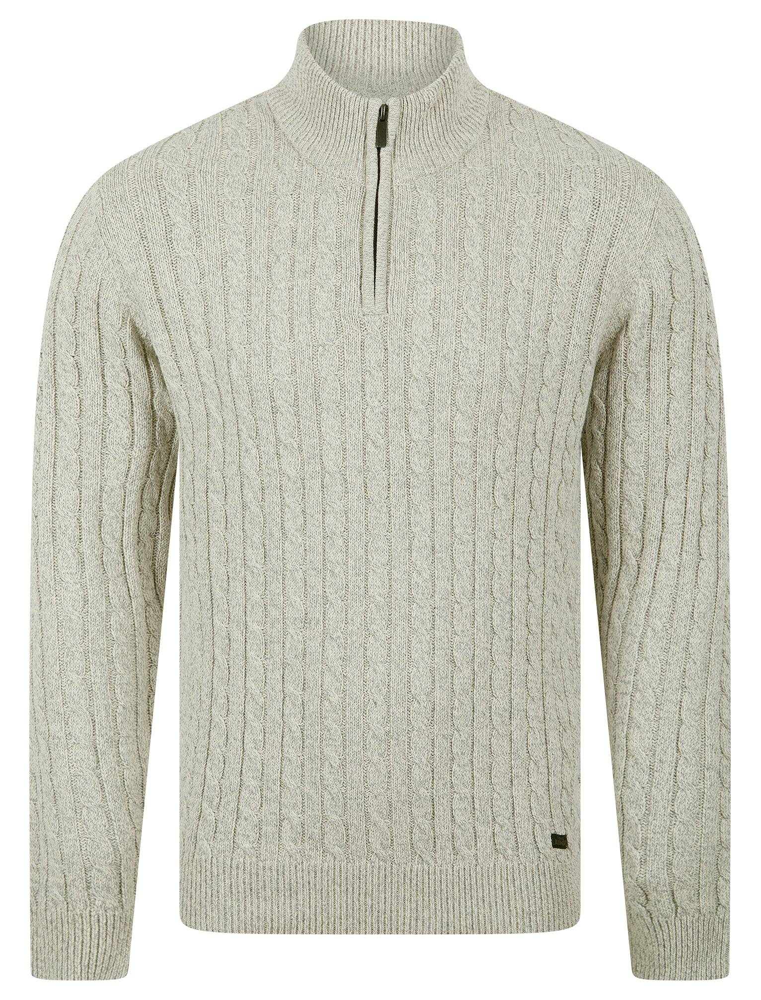 Jumpers Darren Recycled Cotton Chunky Cable Knit Quarter Zip Funnel Neck Jumper in Grey / Ecru Twist / XXL - Tokyo Laundry - cream