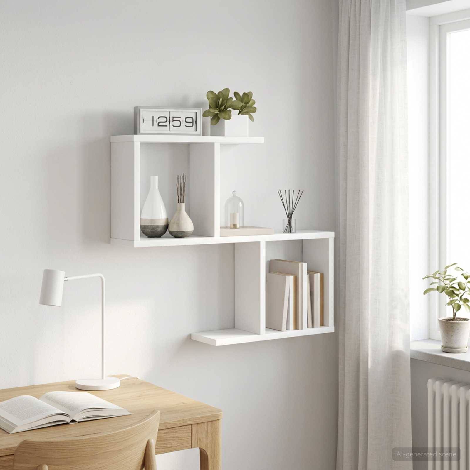 Væghylde 80 x 12 x 79,5 cm Konstrueret træ Hvid, Asymmetrisk hyldedesign